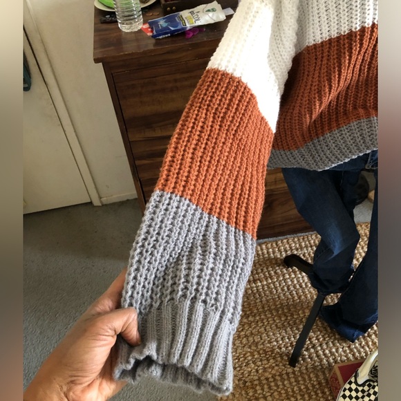 Sexy white, brown, and grey off-shoulder color block sweater - Picture 8 of 10